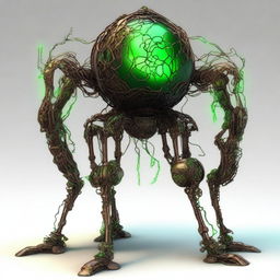 Create an image of the Verdant Sentinel, a construct with a metallic orb body that has a cracked surface, revealing a glowing neon green core