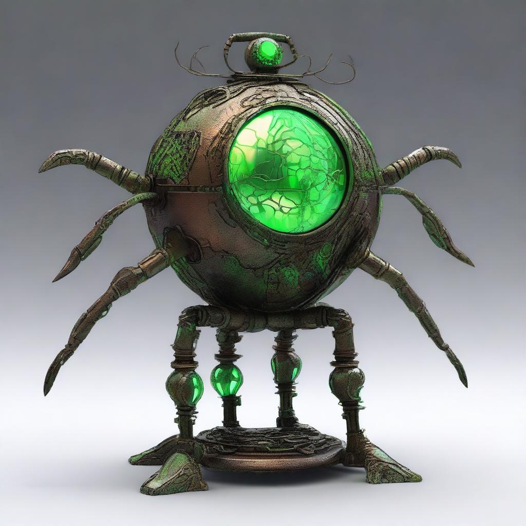 Create an image of the Verdant Sentinel, a construct with a metallic orb body featuring a cracked surface revealing a glowing neon green core