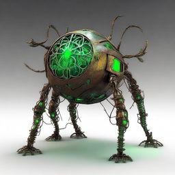 Create an image of the Verdant Sentinel, a construct with a metallic orb body featuring a cracked surface revealing a glowing neon green core