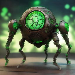 Create an image of the Verdant Sentinel, a construct with a metallic orb body featuring a cracked surface revealing a glowing neon green core