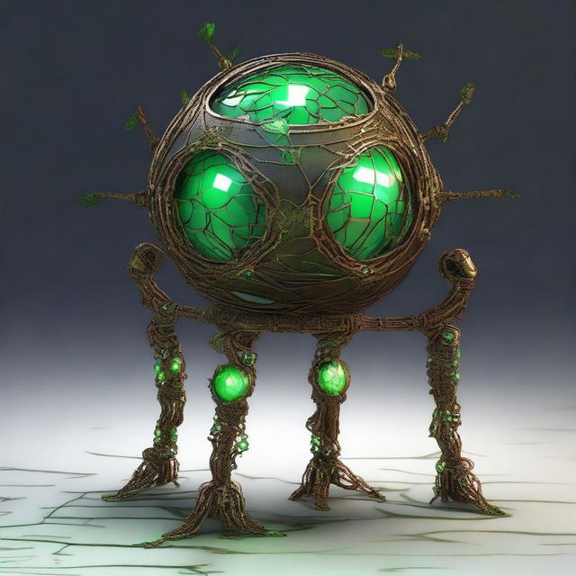 Create an image of the Verdant Sentinel, a construct with a metallic orb body featuring a cracked surface revealing a glowing neon green core