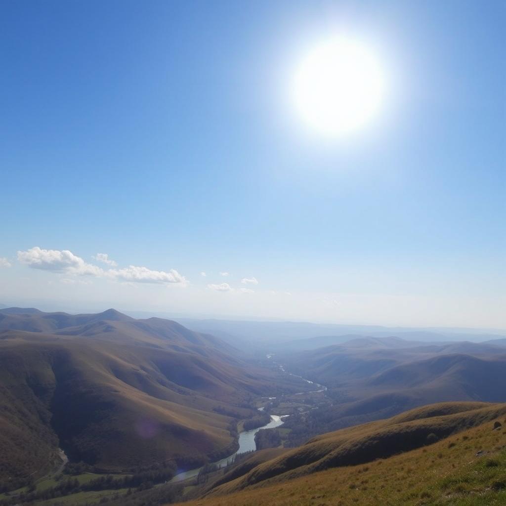 A beautiful landscape with rolling hills, a clear blue sky, and a bright sun shining down