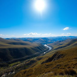 A beautiful landscape with rolling hills, a clear blue sky, and a bright sun shining down