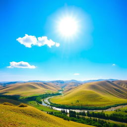 A beautiful landscape with rolling hills, a clear blue sky, and a bright sun shining down