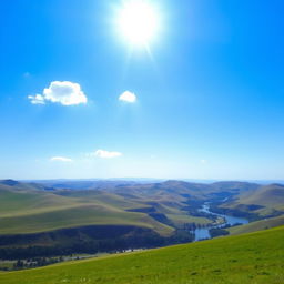 A beautiful landscape with rolling hills, a clear blue sky, and a bright sun shining down