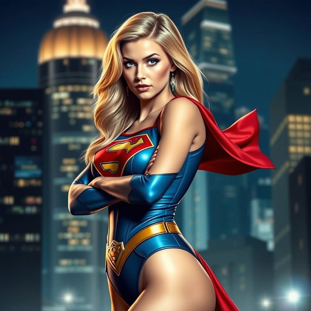 Create a sexy image of Supergirl, featuring her in a seductive pose with a confident expression