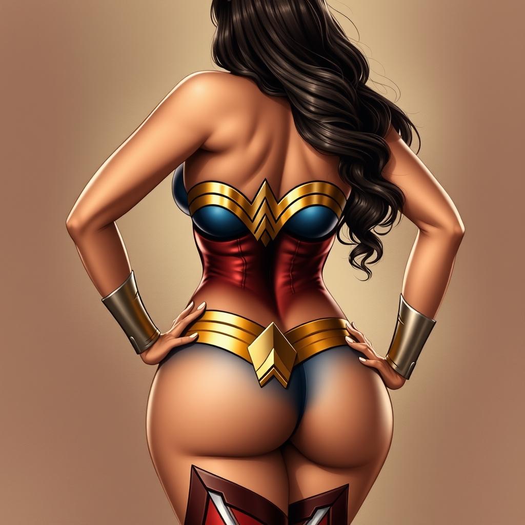 Create images of Wonder Woman with a voluptuous body, large breasts, and round buttocks, standing confidently with her hands on her hips