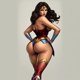 Create images of Wonder Woman with a voluptuous body, large breasts, and round buttocks, standing confidently with her hands on her hips