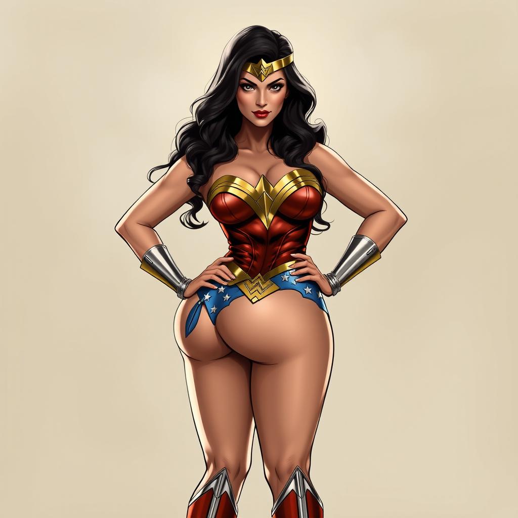 Create images of Wonder Woman with a voluptuous body, large breasts, and round buttocks, standing confidently with her hands on her hips