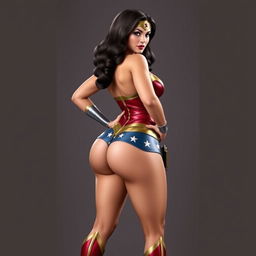 Create images of Wonder Woman with a voluptuous body, large breasts, and round buttocks, standing confidently with her hands on her hips