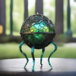 Create an image of the Verdant Sentinel with a large, metallic orb as its central body, featuring a cracked surface revealing a vibrant, eerie neon green core