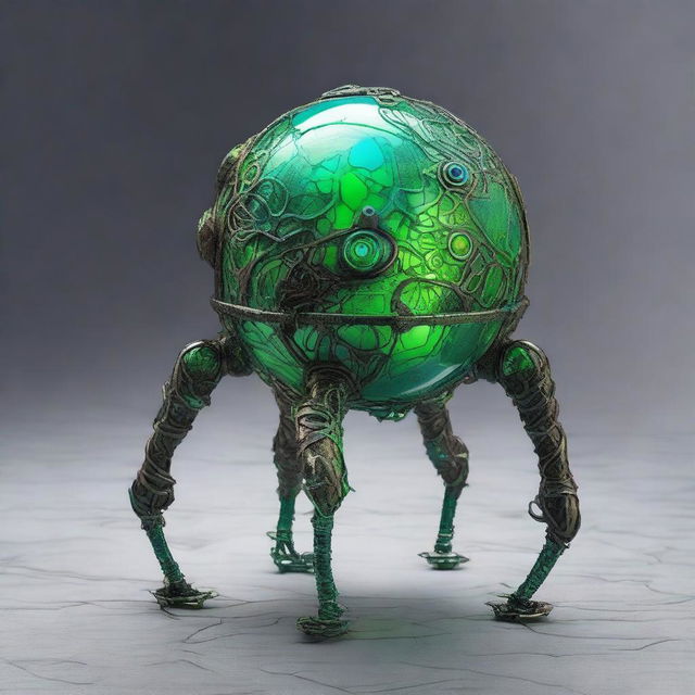 Create an image of the Verdant Sentinel with a large, metallic orb as its central body, featuring a cracked surface revealing a vibrant, eerie neon green core