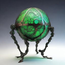 Create an image of the Verdant Sentinel with a large, metallic orb as its central body, featuring a cracked surface revealing a vibrant, eerie neon green core