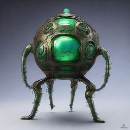 Create an image of the Verdant Sentinel with a large, metallic orb as its central body, featuring a cracked surface revealing a vibrant, eerie neon green core