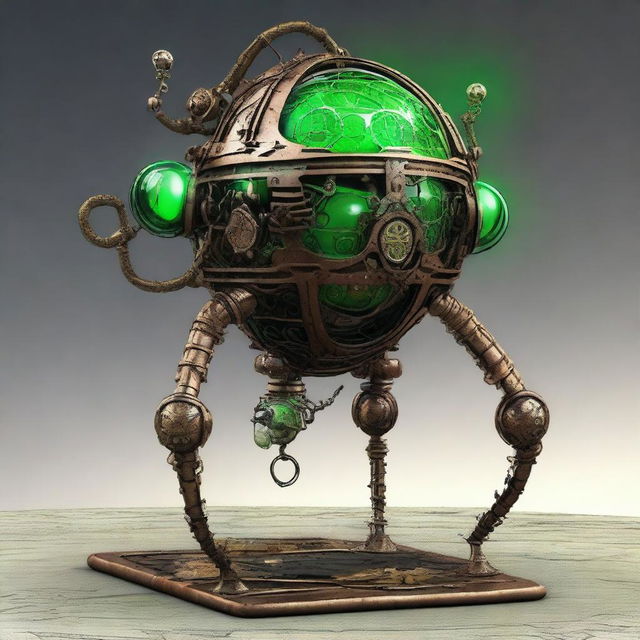 Create an image of the Verdant Sentinel, a steampunk construct with a metallic orb body, cracked surface revealing a glowing neon green core