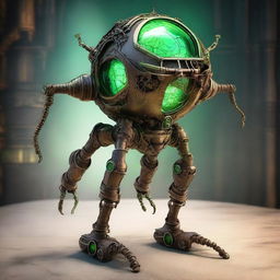 Create an image of the Verdant Sentinel, a steampunk construct with a metallic orb body, cracked surface revealing a glowing neon green core