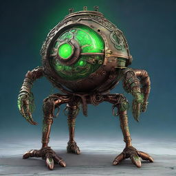 Create an image of the Verdant Sentinel, a steampunk construct with a metallic orb body, cracked surface revealing a glowing neon green core