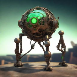 Create an image of the Verdant Sentinel, a steampunk construct with a metallic orb body, cracked surface revealing a glowing neon green core