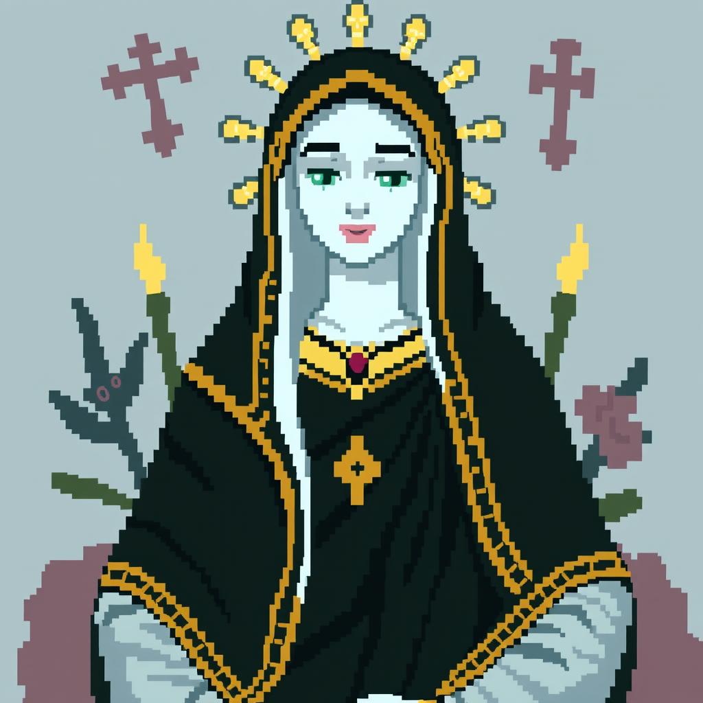 A pixel art depiction of the Virgen de la Asunción, featuring her traditional garments and a serene expression