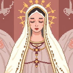 A pixel art depiction of the Virgen de la Asunción, featuring her traditional garments and a serene expression