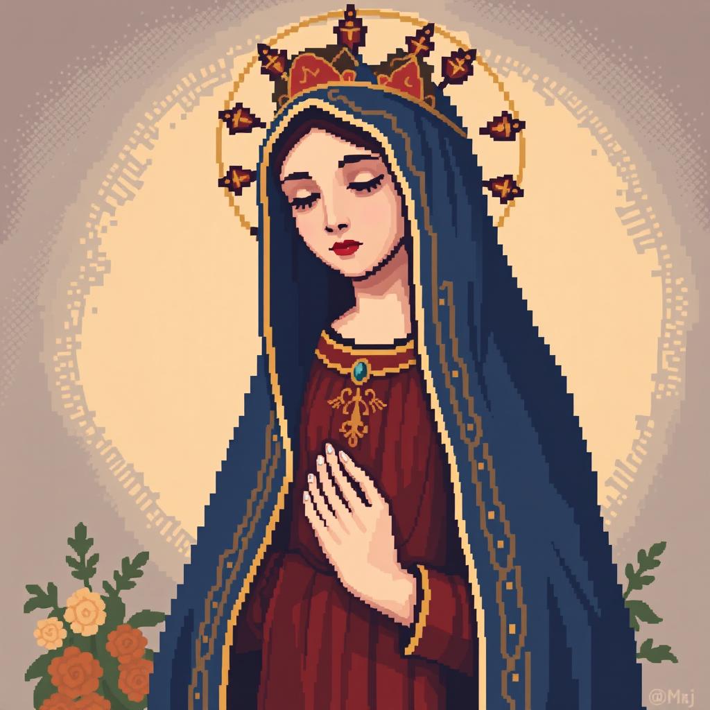 A pixel art depiction of the Virgen de la Asunción, featuring her traditional garments and a serene expression