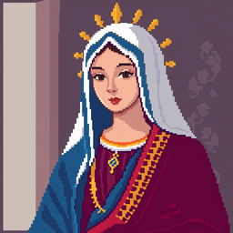 A pixel art depiction of the Virgen de la Asunción, featuring her traditional garments and a serene expression