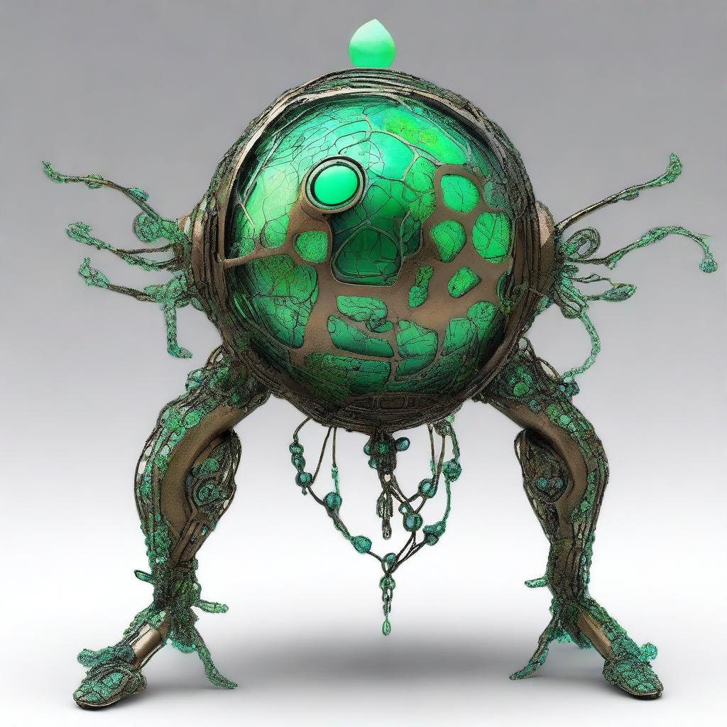 Create an image of the Verdant Sentinel with a large, metallic orb as its central body, featuring a cracked surface revealing a magical, neon green core