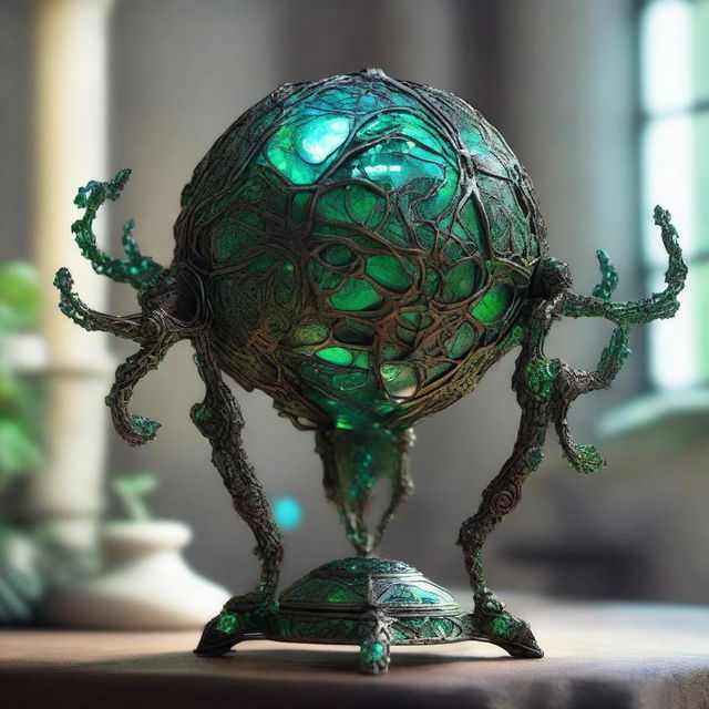 Create an image of the Verdant Sentinel with a large, metallic orb as its central body, featuring a cracked surface revealing a magical, neon green core