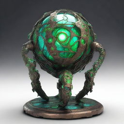 Create an image of the Verdant Sentinel with a large, metallic orb as its central body, featuring a cracked surface revealing a magical, neon green core