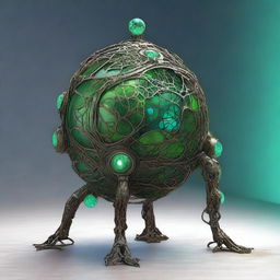 Create an image of the Verdant Sentinel with a large, metallic orb as its central body, featuring a cracked surface revealing a magical, neon green core