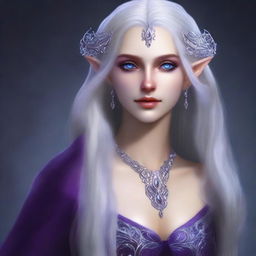 Create a detailed portrait of Eldra Whisperwind, a strikingly beautiful half-elf with a pale complexion, sharp features, and long, flowing silver hair that cascades down her back like a waterfall of moonlight