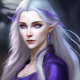 Create a detailed portrait of Eldra Whisperwind, a strikingly beautiful half-elf with a pale complexion, sharp features, and long, flowing silver hair that cascades down her back like a waterfall of moonlight