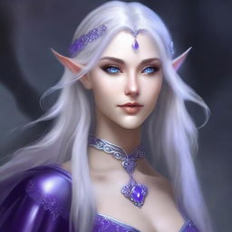 Create a detailed portrait of Eldra Whisperwind, a strikingly beautiful half-elf with a pale complexion, sharp features, and long, flowing silver hair that cascades down her back like a waterfall of moonlight