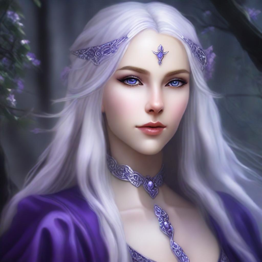 Create a detailed portrait of Eldra Whisperwind, a strikingly beautiful half-elf with a pale complexion, sharp features, and long, flowing silver hair that cascades down her back like a waterfall of moonlight