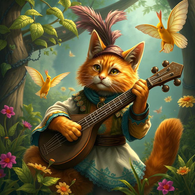 A ginger-haired bard cat playing a lute in a whimsical fantasy setting