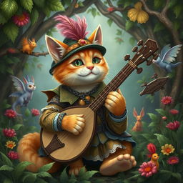 A ginger-haired bard cat playing a lute in a whimsical fantasy setting