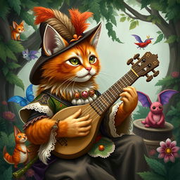 A ginger-haired bard cat playing a lute in a whimsical fantasy setting