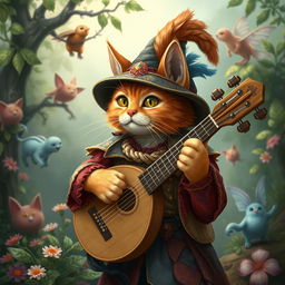 A ginger-haired bard cat playing a lute in a whimsical fantasy setting