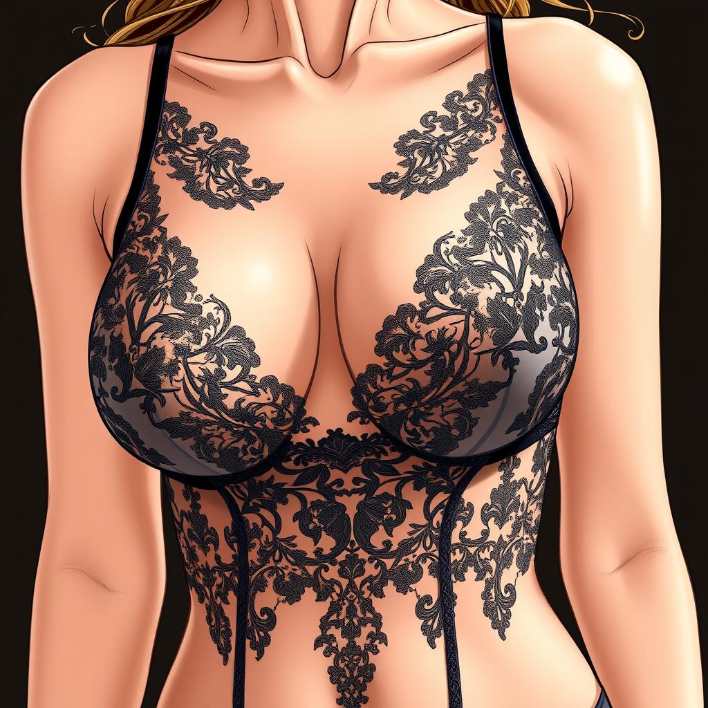 A detailed illustration of a person wearing elegant and stylish lingerie, featuring intricate lace patterns and a sophisticated design