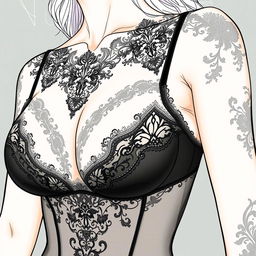 A detailed illustration of a person wearing elegant and stylish lingerie, featuring intricate lace patterns and a sophisticated design