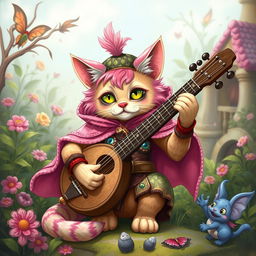 A pink-haired bard cat wearing a pink cape, playing a lute in a whimsical fantasy setting