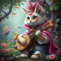 A pink-haired bard cat wearing a pink cape, playing a lute in a whimsical fantasy setting