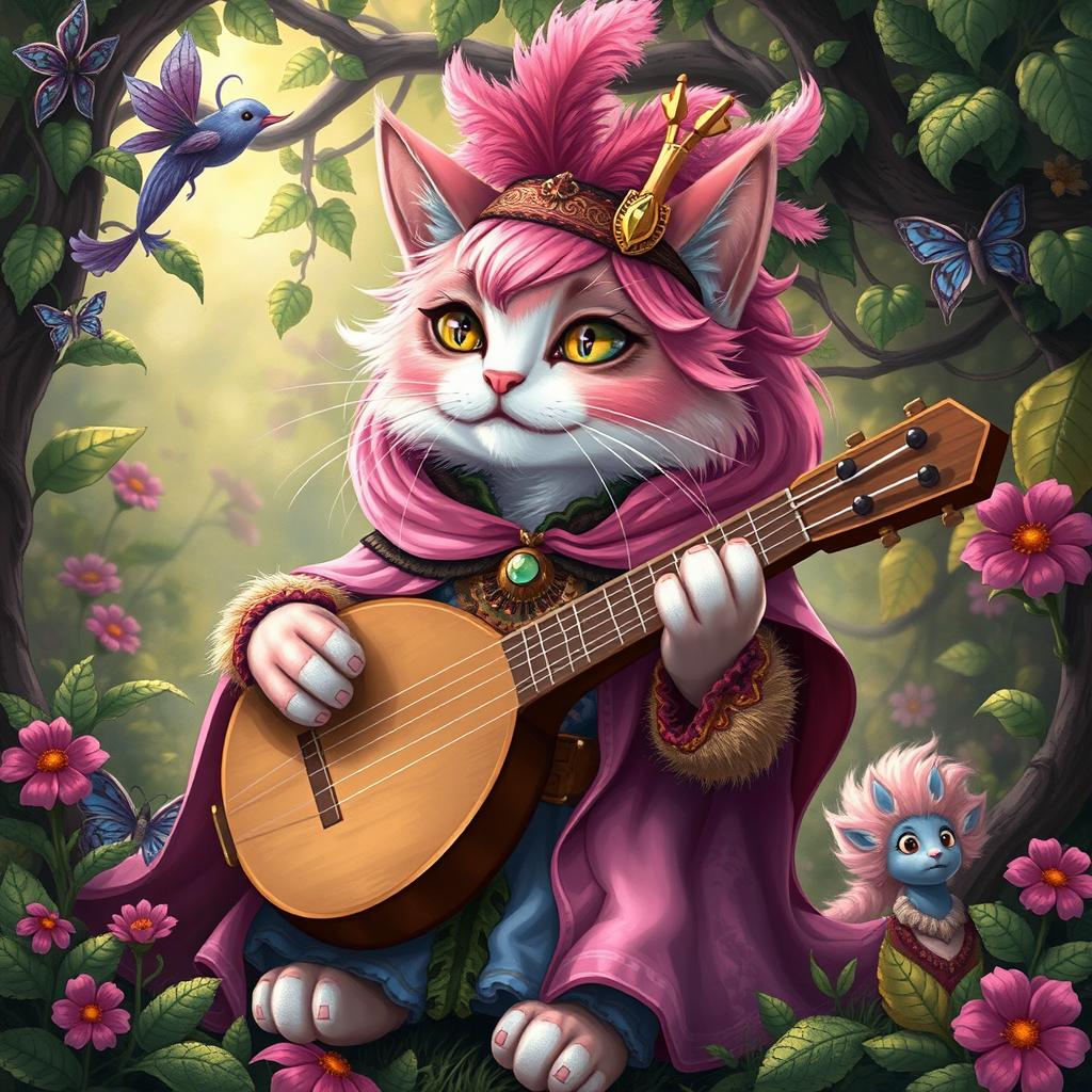 A pink-haired bard cat wearing a pink cape, playing a lute in a whimsical fantasy setting