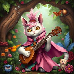 A pink-haired bard cat wearing a pink cape, playing a lute in a whimsical fantasy setting