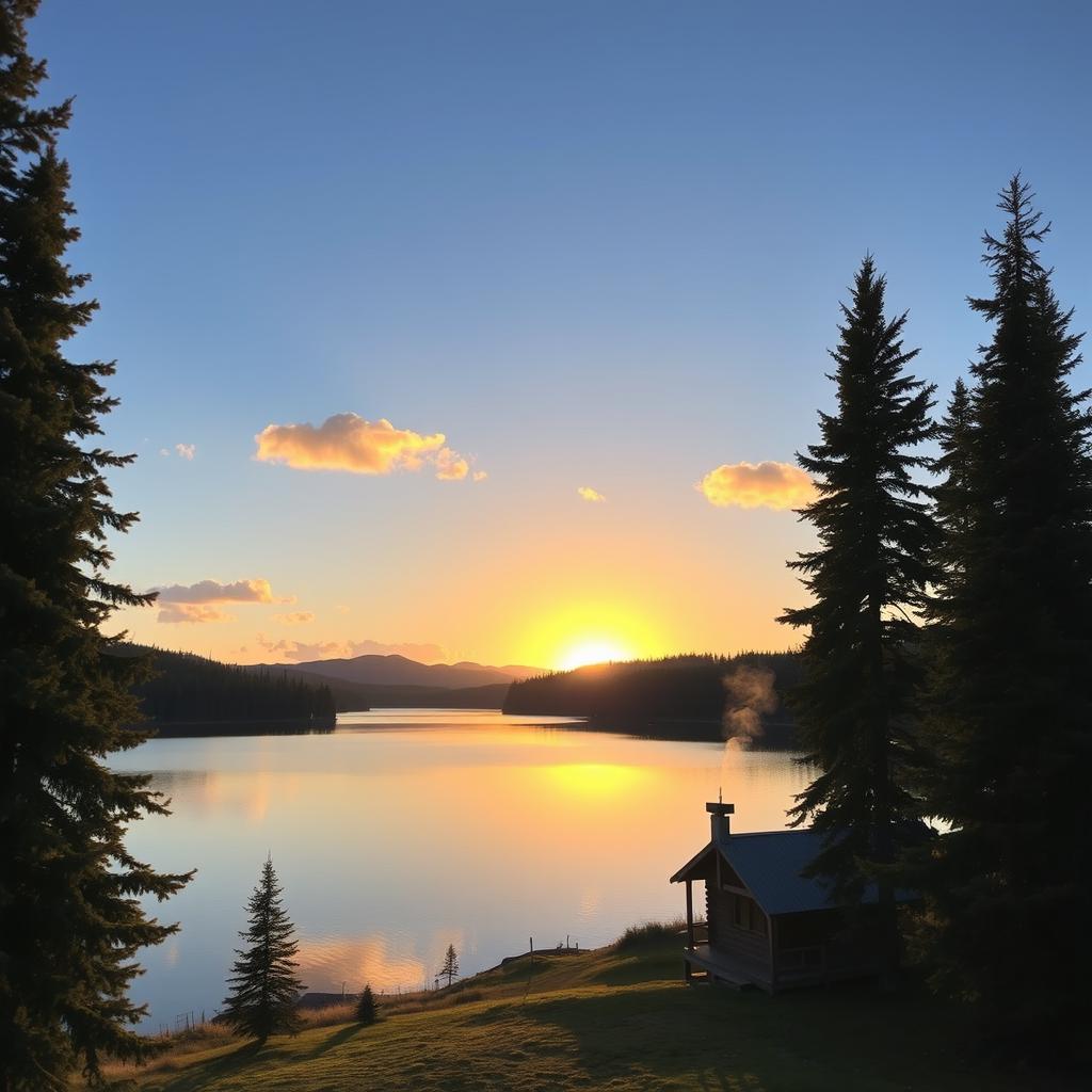 A beautiful landscape of a serene lake surrounded by tall, lush pine trees