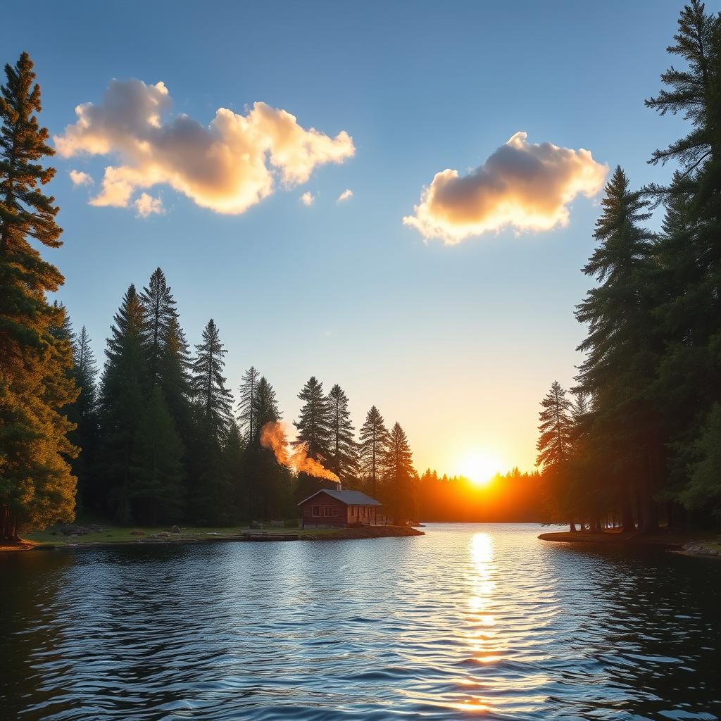 A beautiful landscape of a serene lake surrounded by tall, lush pine trees