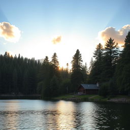 A beautiful landscape of a serene lake surrounded by tall, lush pine trees