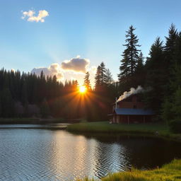 A beautiful landscape of a serene lake surrounded by tall, lush pine trees