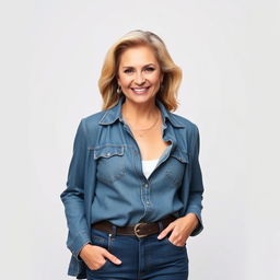 A stylish woman around the age of 50, wearing well-fitted jeans