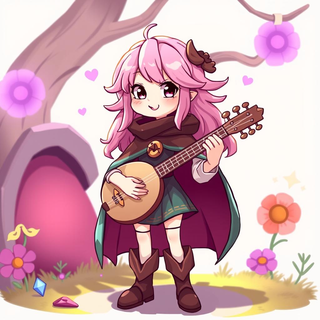 A whimsical illustration of a female bard character with pink hair, wearing a flowing cape